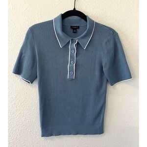 Ann Taylor Factory Women's Knit Polo Shirt Size Medium Blue Stretchy Preppy